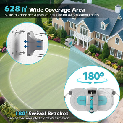Retractable Hose Reel 20+2M, 10 in 1 Nozzle Wall Mounted Garden Hose with 180° Swivel Bracket
