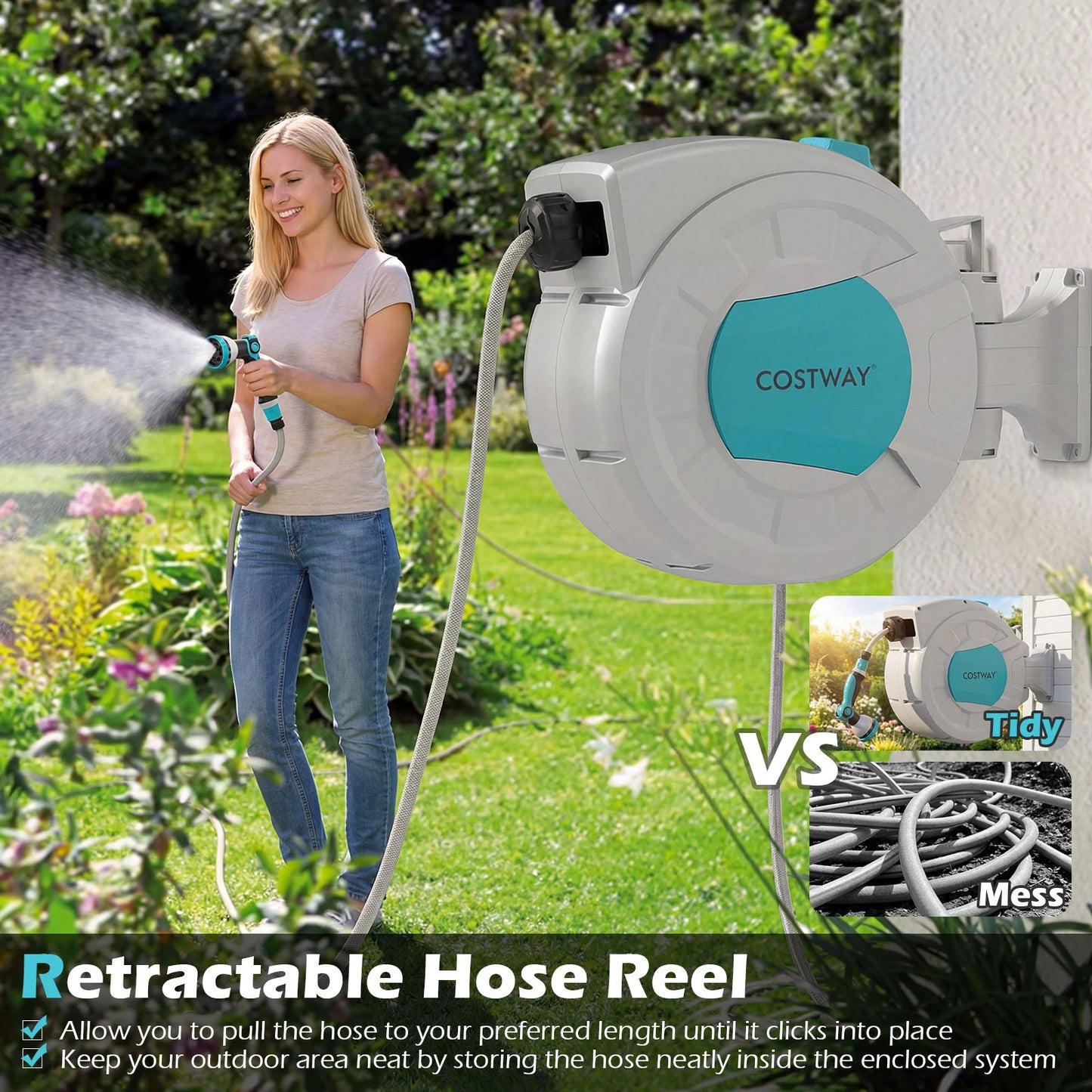 Retractable Hose Reel 20+2M, 10 in 1 Nozzle Wall Mounted Garden Hose with 180° Swivel Bracket