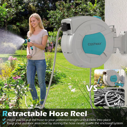 Retractable Hose Reel 20+2M, 10 in 1 Nozzle Wall Mounted Garden Hose with 180° Swivel Bracket