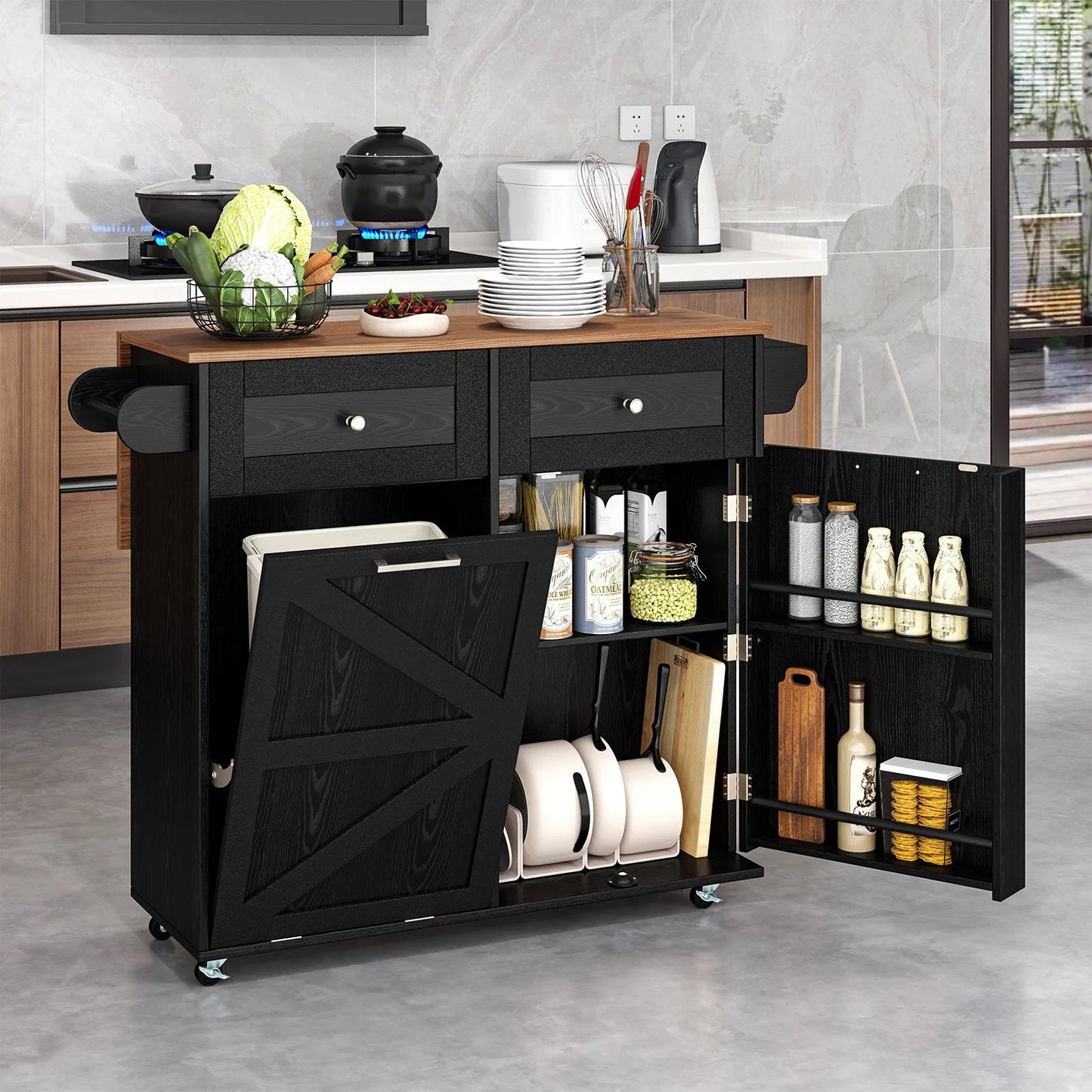 Rolling Kitchen Island with Drop Leaf Kitchen Cart with Tilt Out Trash Can Cabinet