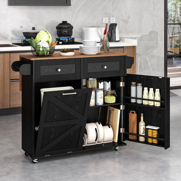 Rolling Kitchen Island with Drop Leaf Kitchen Cart with Tilt Out Trash Can Cabinet