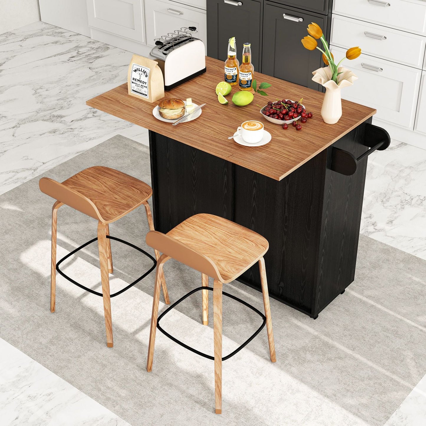 Rolling Kitchen Island with Drop Leaf Kitchen Cart with Tilt Out Trash Can Cabinet
