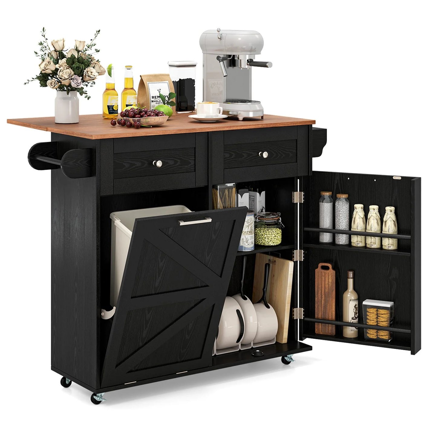 Rolling Kitchen Island with Drop Leaf Kitchen Cart with Tilt Out Trash Can Cabinet