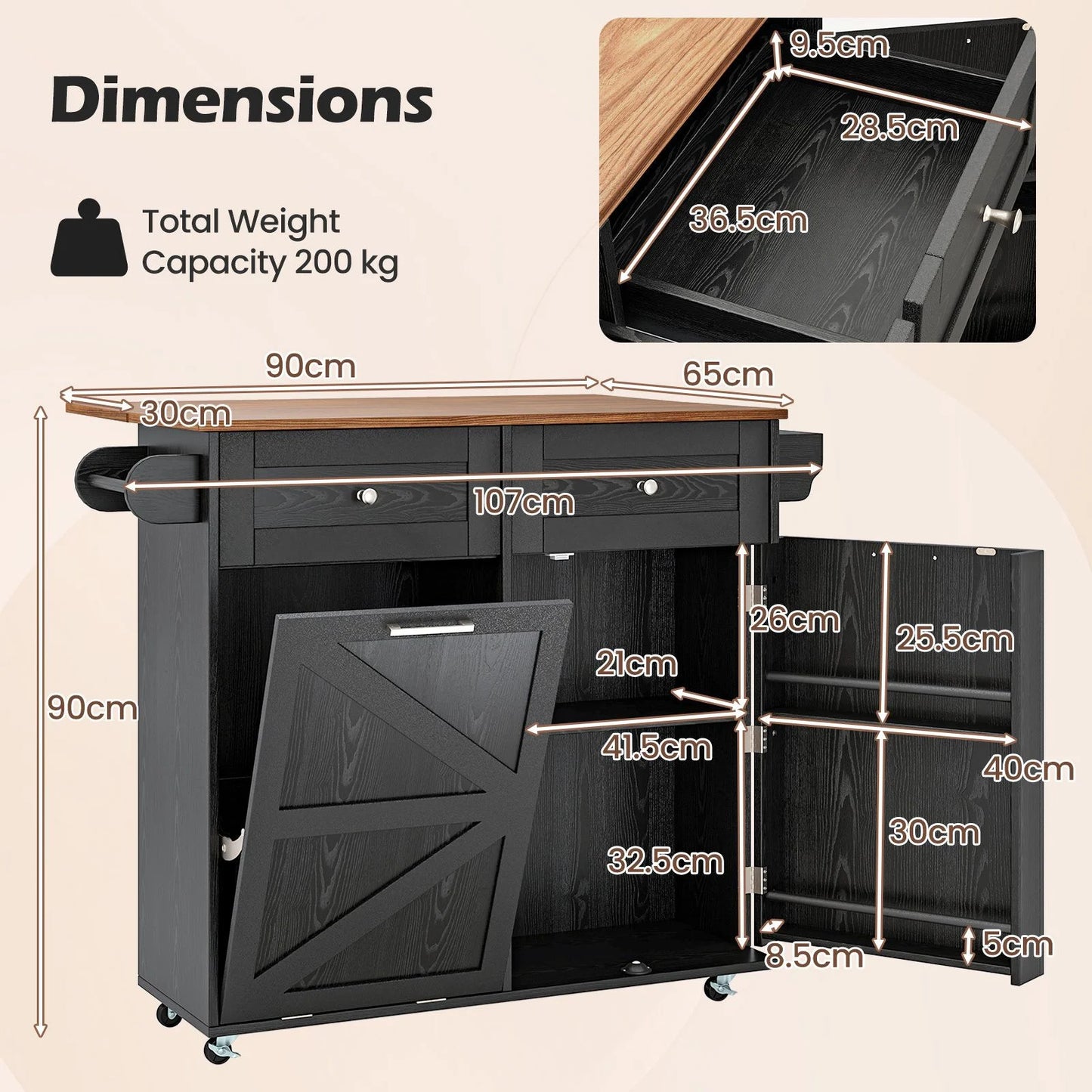 Rolling Kitchen Island with Drop Leaf Kitchen Cart with Tilt Out Trash Can Cabinet