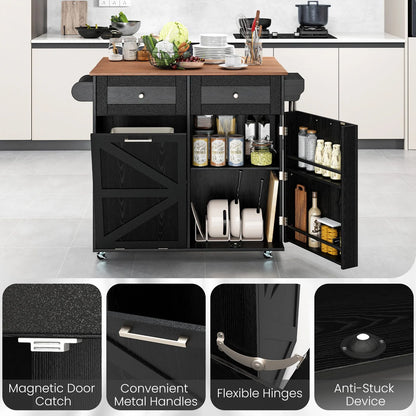 Rolling Kitchen Island with Drop Leaf Kitchen Cart with Tilt Out Trash Can Cabinet