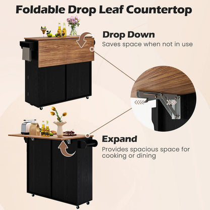 Rolling Kitchen Island with Drop Leaf Kitchen Cart with Tilt Out Trash Can Cabinet