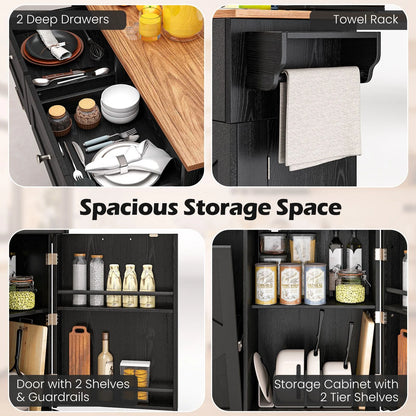 Rolling Kitchen Island with Drop Leaf Kitchen Cart with Tilt Out Trash Can Cabinet