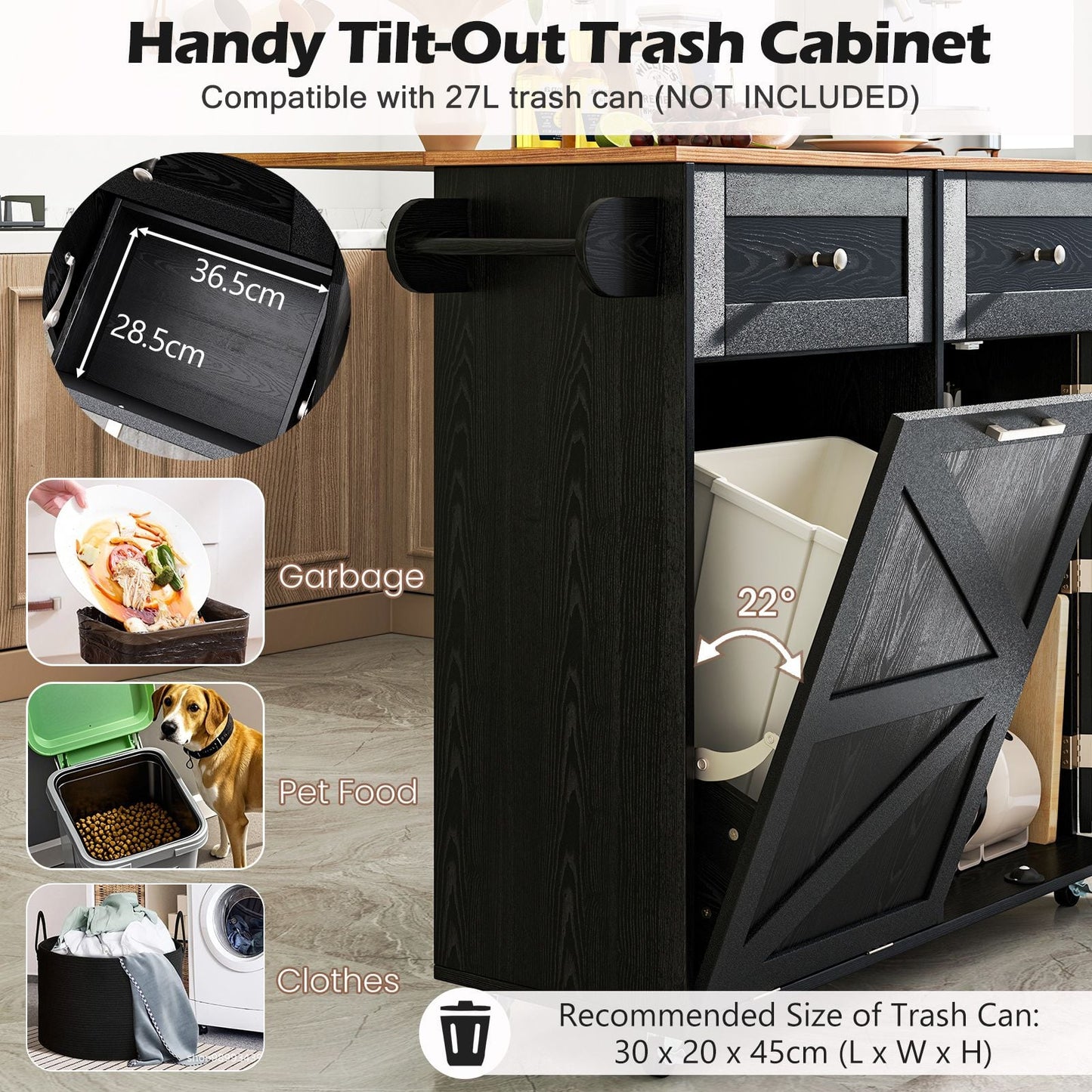 Rolling Kitchen Island with Drop Leaf Kitchen Cart with Tilt Out Trash Can Cabinet