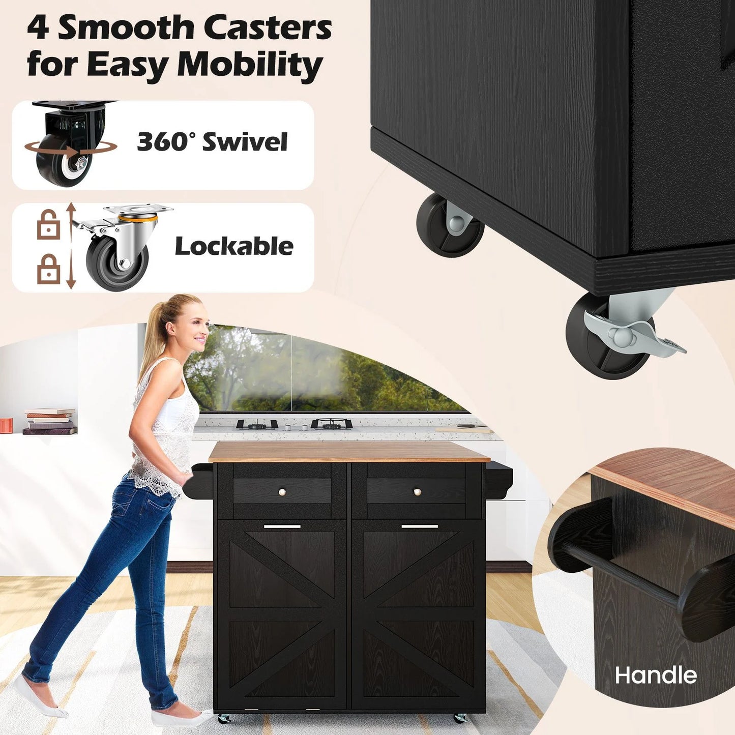 Rolling Kitchen Island with Drop Leaf Kitchen Cart with Tilt Out Trash Can Cabinet