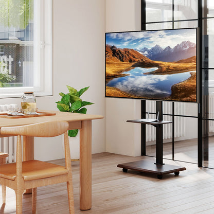 Rolling TV Stand on Wheels with 30° Tilt Mount and Adjustable Shelf