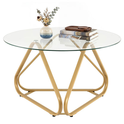 Round Tempered Glass Coffee Table with Triangle Metal Frame for Living Room