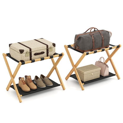 Set of 2 Bamboo Luggage Racks with Nylon Straps and Oxford Cloth Storage Shelves