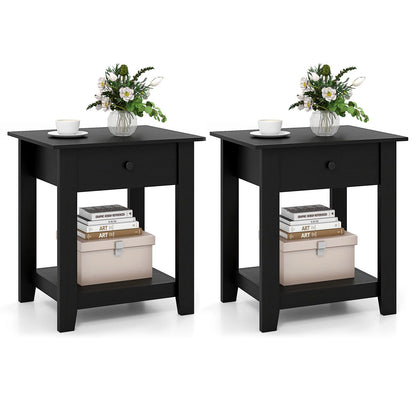 Wooden Nightstand End Sofa Side Table with Drawer and Open Shelf