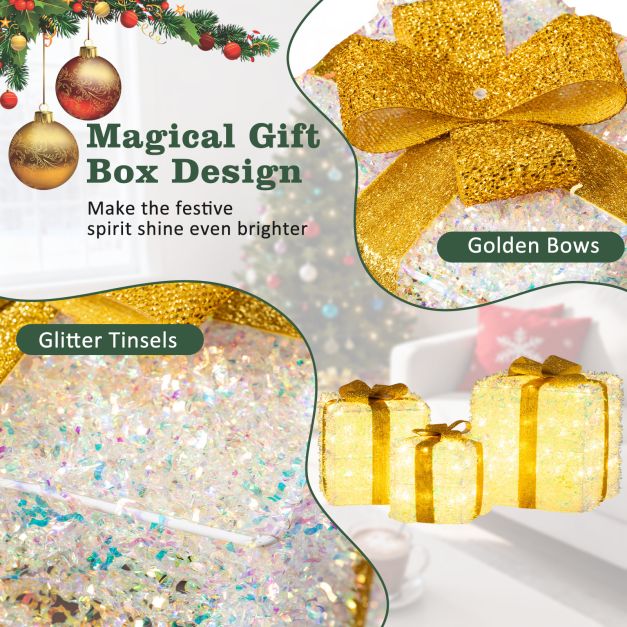 Set of 3 Christmas Lighted Gift Boxes Pre-Lit with Warm White LED Lights
