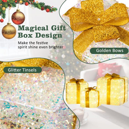 Set of 3 Christmas Lighted Gift Boxes Pre-Lit with Warm White LED Lights