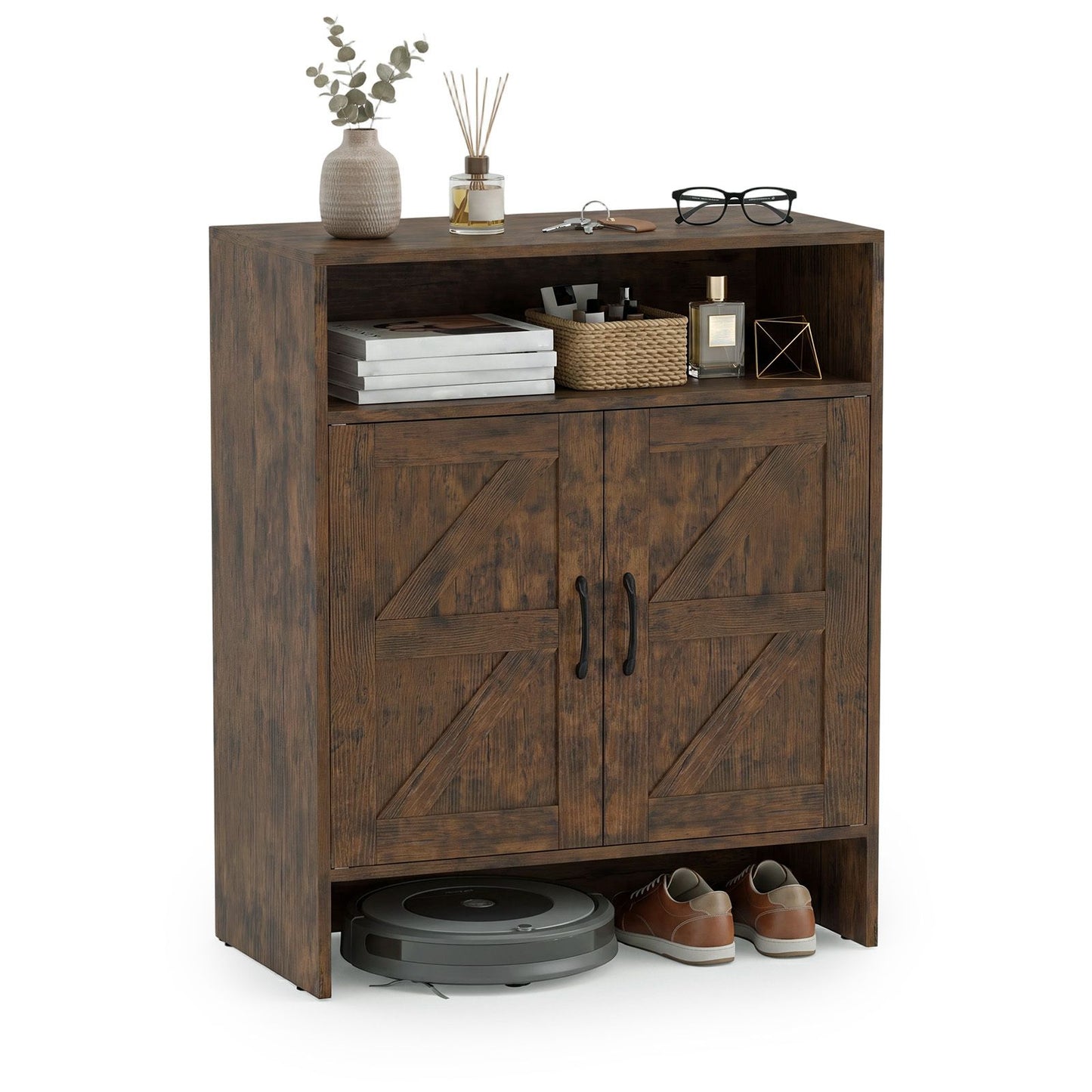 Shoe Cabinet with 2 Barn Doors and Adjustable Shelves for Entryway