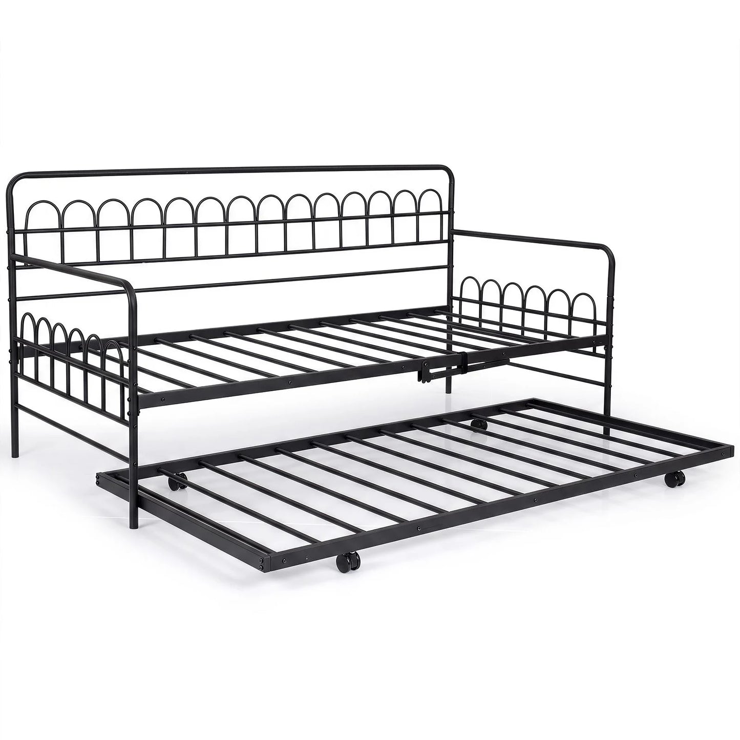 Single Daybed with Trundle and Curved Backrest and Armrests No Box Spring Needed