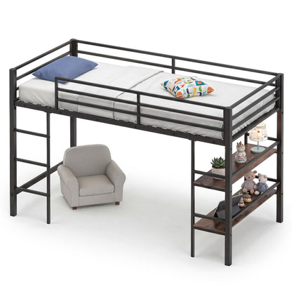 Kids Loft Bed, Metal Single Size Low Loft Bed with Under-Bed Space