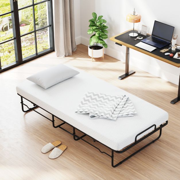 Single Size Folding Bed with Mattress and Lockable Wheels