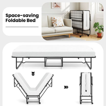 Single Size Folding Bed with Mattress and Lockable Wheels