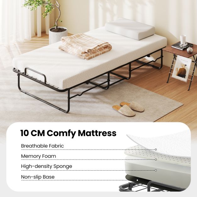 Single Size Folding Bed with Mattress and Lockable Wheels