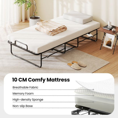 Single Size Folding Bed with Mattress and Lockable Wheels