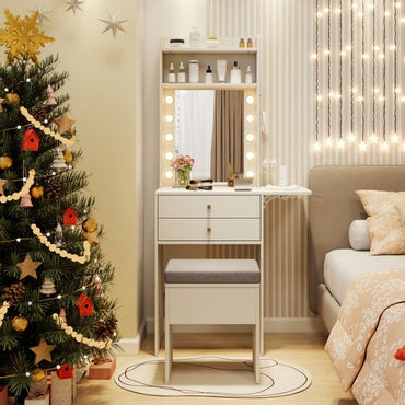 Small Makeup Vanity Desk with Mirror and Lights with Charging Station