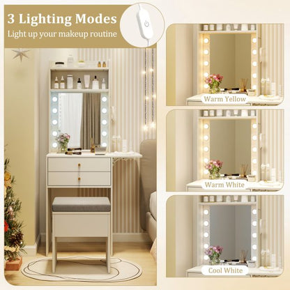 Small Makeup Vanity Desk with Mirror and Lights with Charging Station