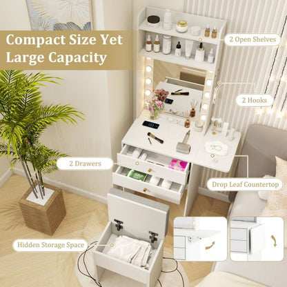 Small Makeup Vanity Desk with Mirror and Lights with Charging Station
