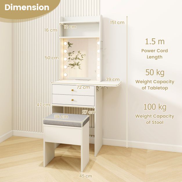 Small Makeup Vanity Desk with Mirror and Lights with Charging Station