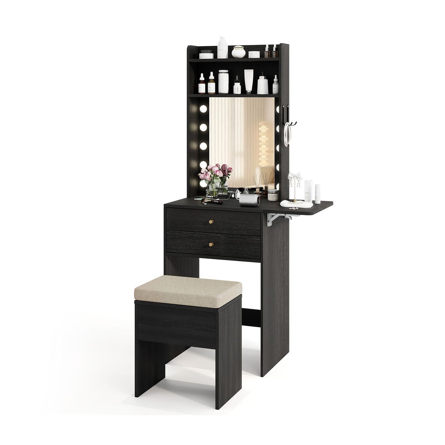 Small Makeup Vanity Desk with Mirror and Lights with Charging Station