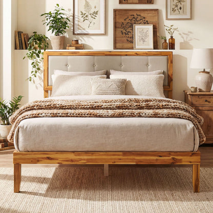 Solid Acacia Wood Bed Frame with Tufted Headboard and Ample Under-bed Space