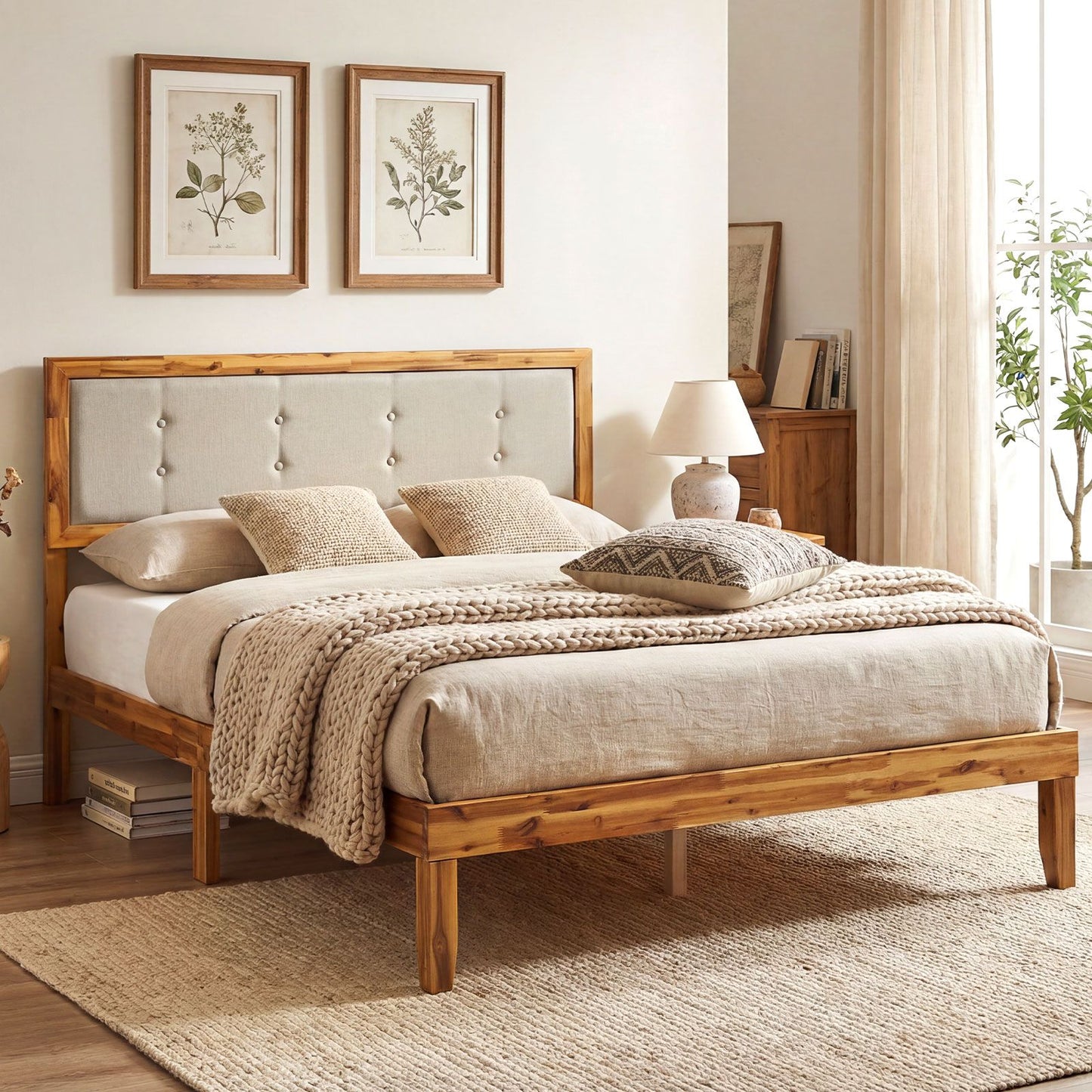 Solid Acacia Wood Bed Frame with Tufted Headboard and Ample Under-bed Space