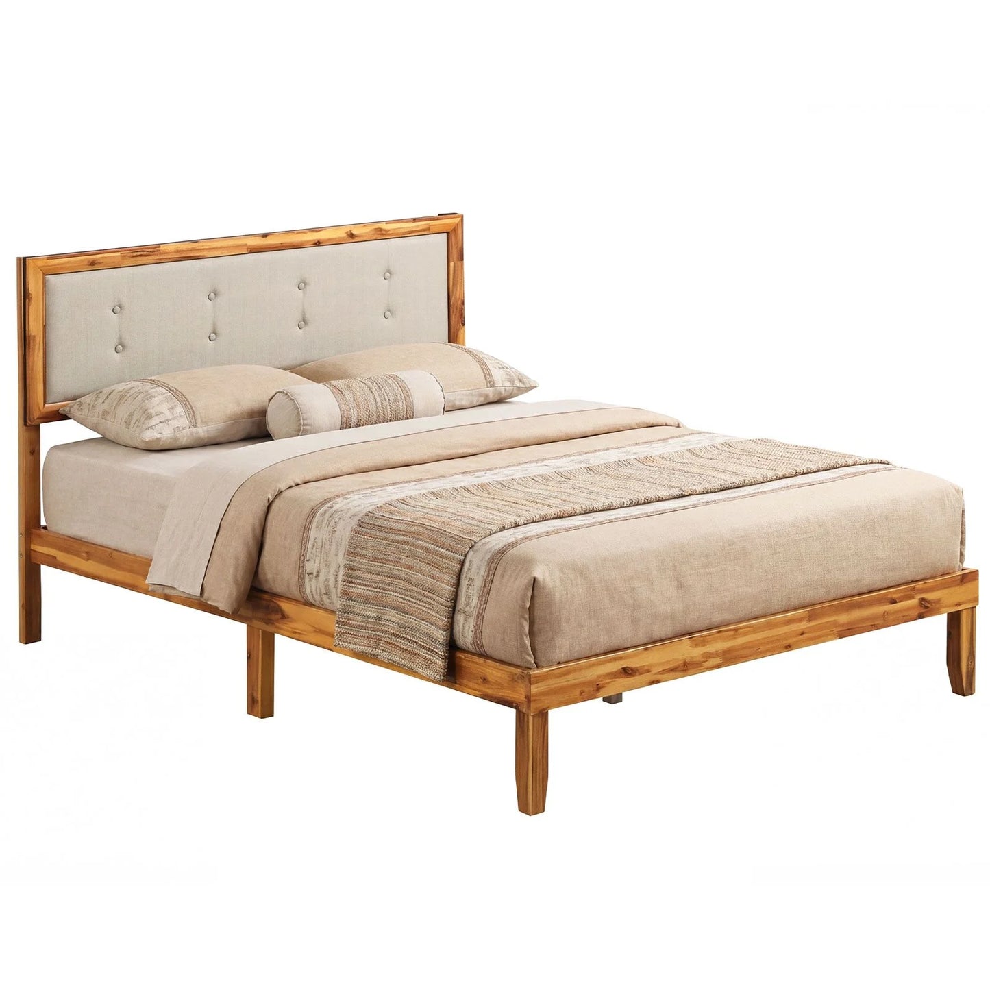 Solid Acacia Wood Bed Frame with Tufted Headboard and Ample Under-bed Space