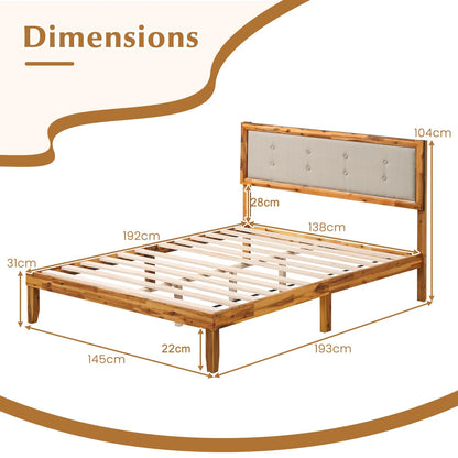 Solid Acacia Wood Bed Frame with Tufted Headboard and Ample Under-bed Space