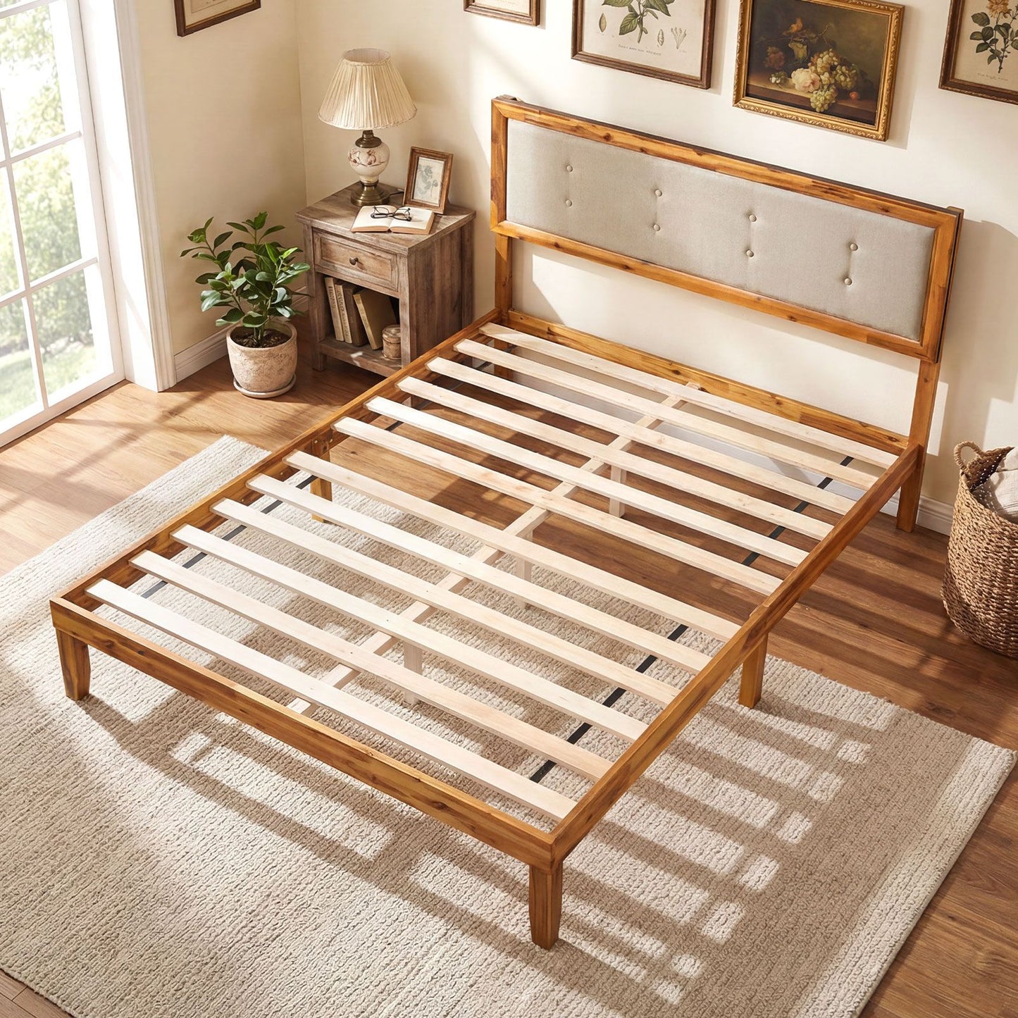 Solid Acacia Wood Bed Frame with Tufted Headboard and Ample Under-bed Space