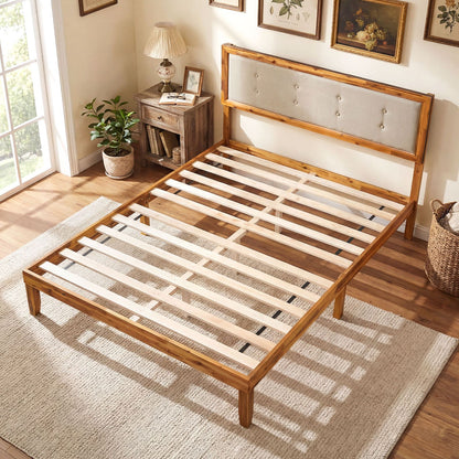 Solid Acacia Wood Bed Frame with Tufted Headboard and Ample Under-bed Space