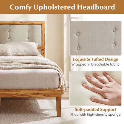 Solid Acacia Wood Bed Frame with Tufted Headboard and Ample Under-bed Space