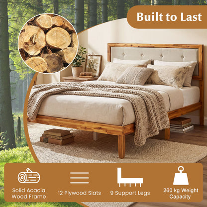 Solid Acacia Wood Bed Frame with Tufted Headboard and Ample Under-bed Space