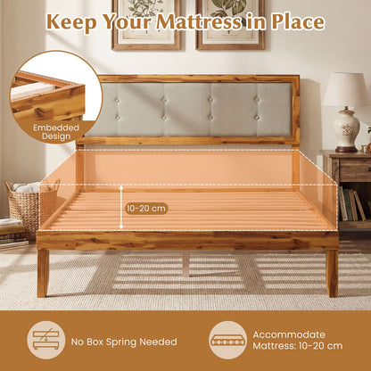 Solid Acacia Wood Bed Frame with Tufted Headboard and Ample Under-bed Space