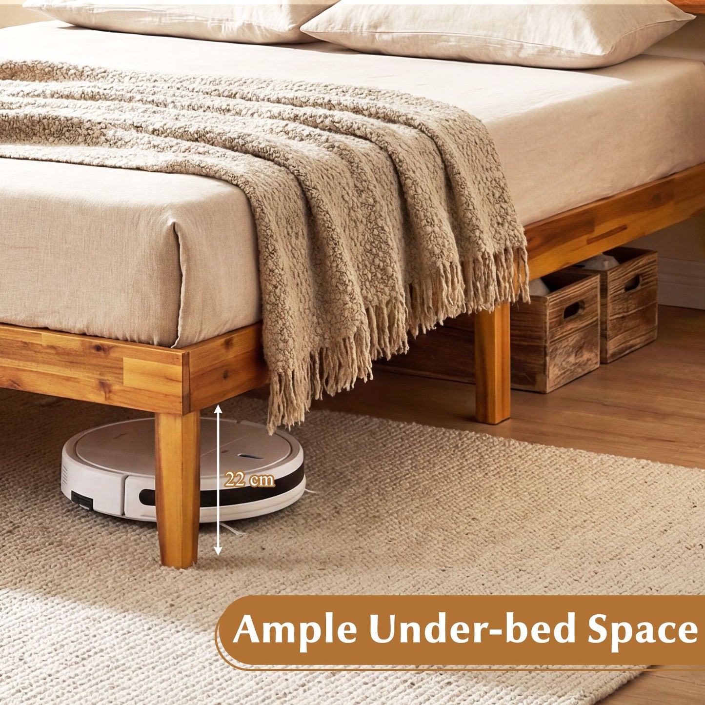 Solid Acacia Wood Bed Frame with Tufted Headboard and Ample Under-bed Space