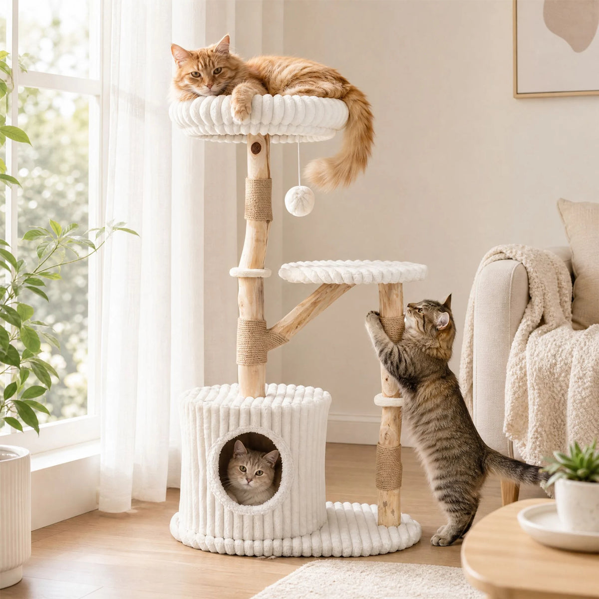 Solid Wood Cat Tree with Real Wood Branches and Scratching Posts for Indoor