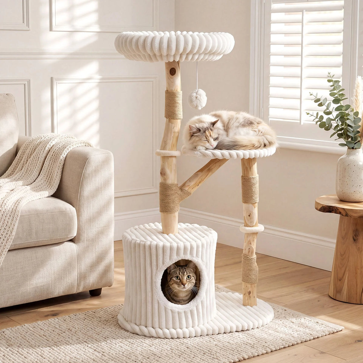 Solid Wood Cat Tree with Real Wood Branches and Scratching Posts for Indoor