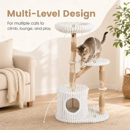 Solid Wood Cat Tree with Real Wood Branches and Scratching Posts for Indoor