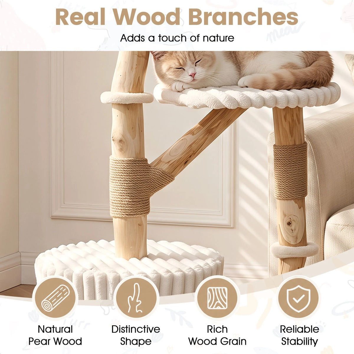 Solid Wood Cat Tree with Real Wood Branches and Scratching Posts for Indoor