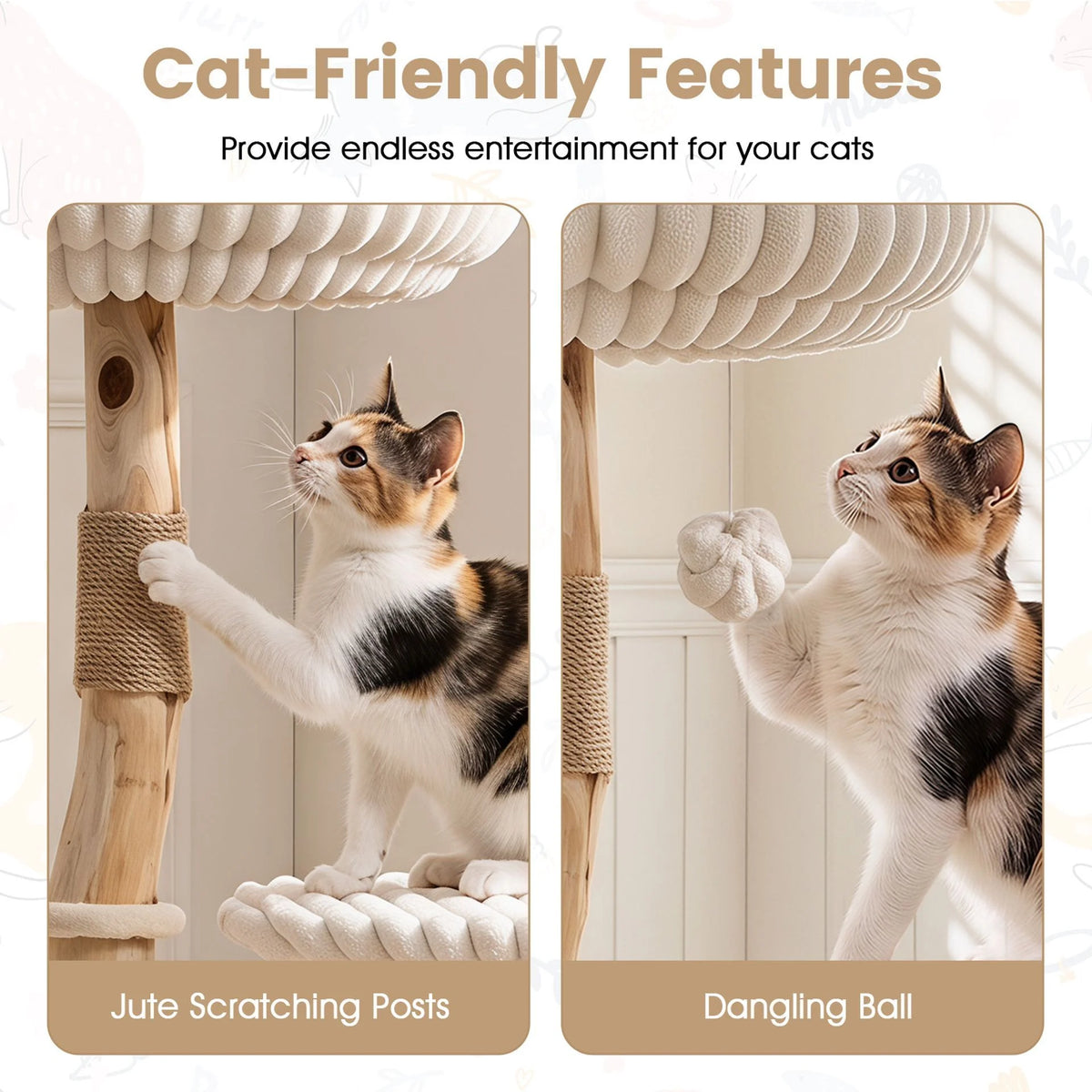 Solid Wood Cat Tree with Real Wood Branches and Scratching Posts for Indoor