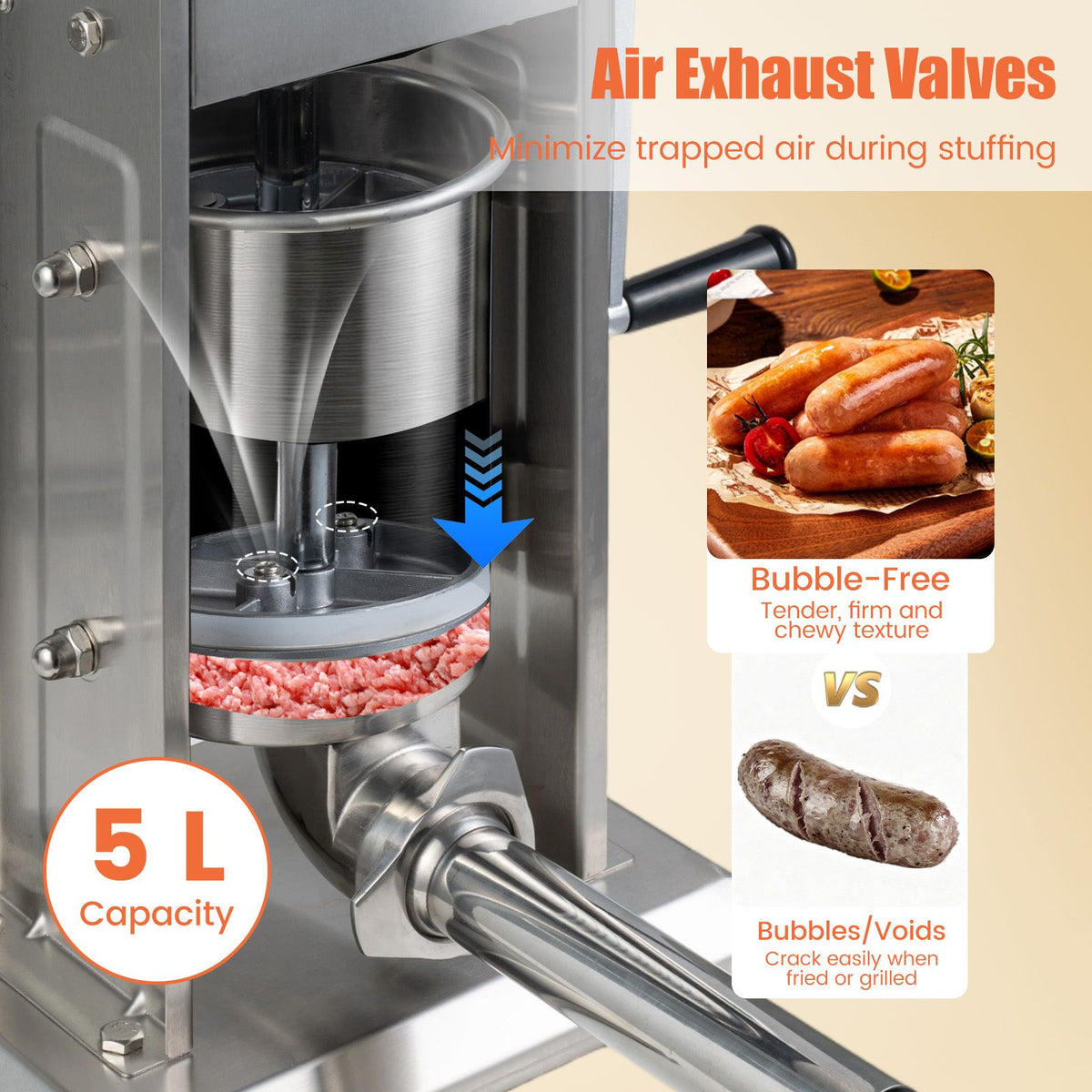 Stainless Steel Meat Filling Machine with 2 Speeds and 4 Stuffing Tubes for Home
