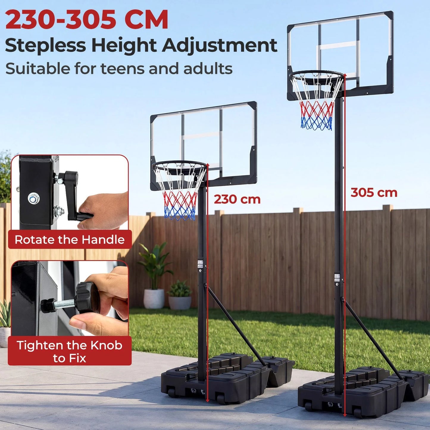Stepless Adjustable Basketball Hoop with Stable Weighted Base