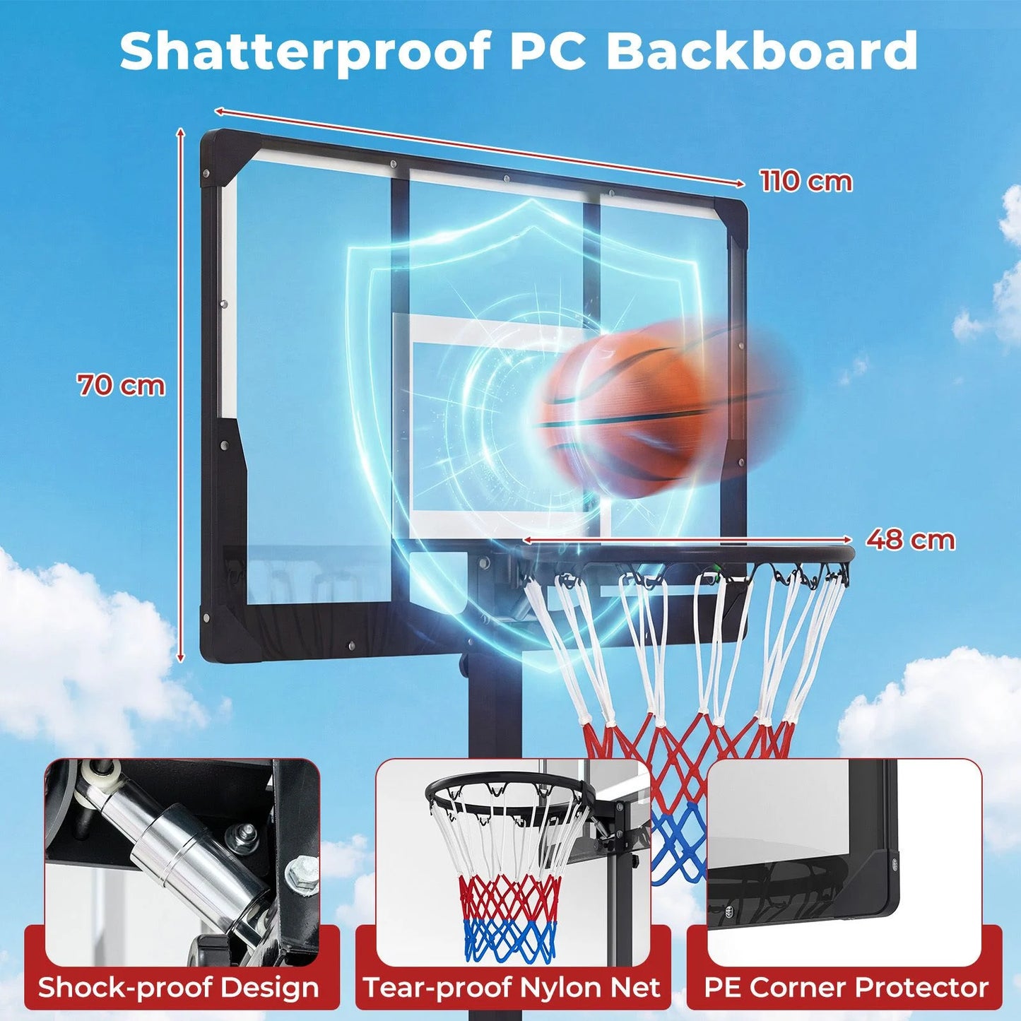 Stepless Adjustable Basketball Hoop with Stable Weighted Base