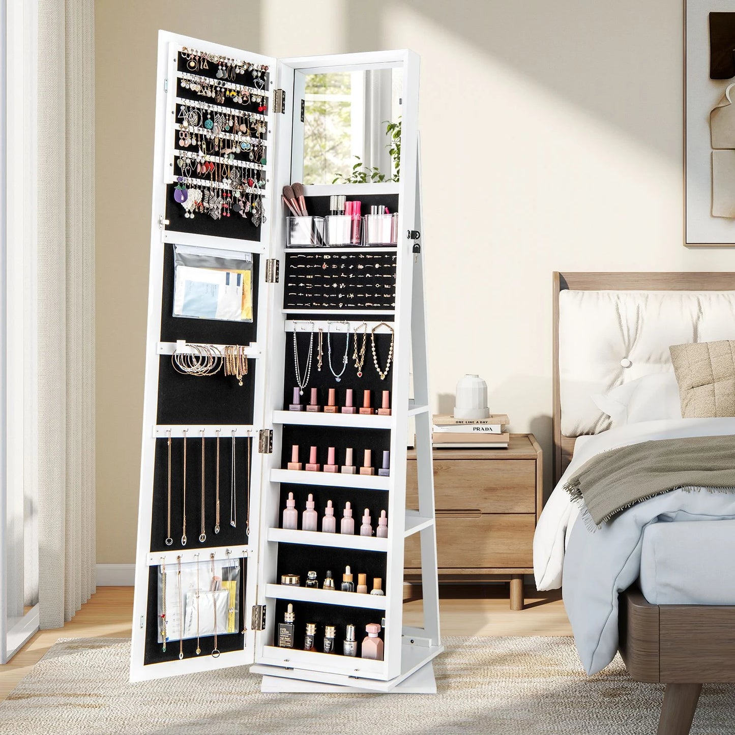 360° Swivel Jewelry Armoire with Full Length Mirror and Back Shelves